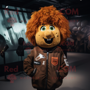 Rust Potato mascot costume character dressed with a Bomber Jacket and Hair clips