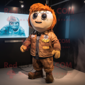 Rust Potato mascot costume character dressed with a Bomber Jacket and Hair clips