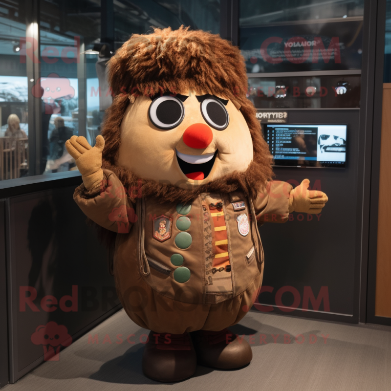 Rust Potato mascot costume character dressed with a Bomber Jacket and Hair clips Rust Potato mascot costume character dressed with a Bomber Jacket and Hair clips