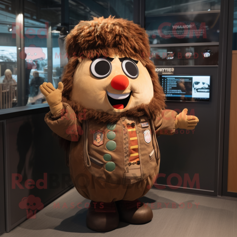 Rust Potato mascot costume character dressed with a Bomber Jacket and Hair clips