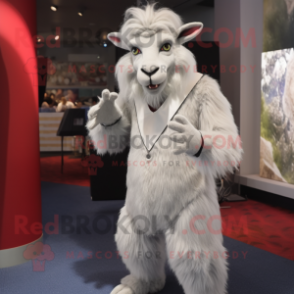 Silver Angora Goat mascot costume character dressed with a Suit Pants and Rings