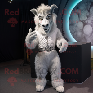 Silver Angora Goat mascot costume character dressed with a Suit Pants and Rings