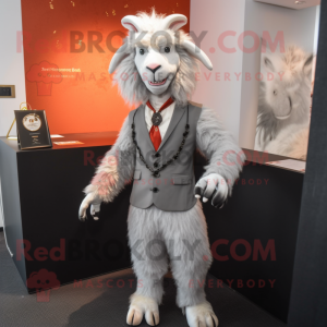 Silver Angora Goat mascot costume character dressed with a Suit Pants and Rings