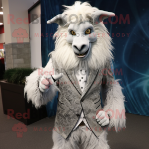 Silver Angora Goat mascot costume character dressed with a Suit Pants and Rings