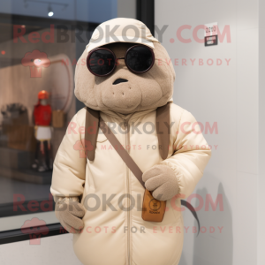 Beige Pepper mascot costume character dressed with a Parka and Sunglasses