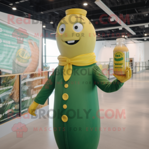 Green Bottle Of Mustard mascot costume character dressed with a Button-Up Shirt and Wraps