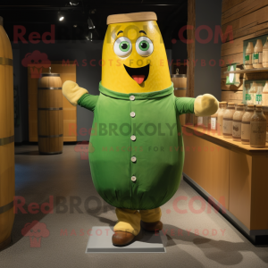 Green Bottle Of Mustard mascot costume character dressed with a Button-Up Shirt and Wraps