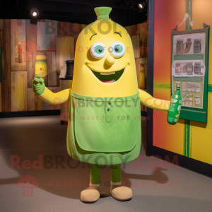 Green Bottle Of Mustard mascot costume character dressed with a Button-Up Shirt and Wraps