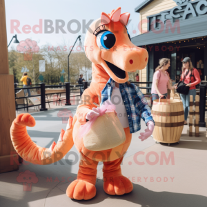 Peach Seahorse mascot costume character dressed with a Flannel Shirt and Tote bags
