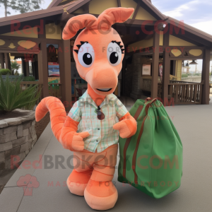 Peach Seahorse mascot costume character dressed with a Flannel Shirt and Tote bags