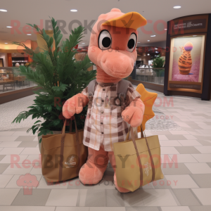 Peach Seahorse mascot costume character dressed with a Flannel Shirt and Tote bags