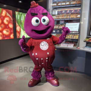 Maroon Plum mascot costume character dressed with a Graphic Tee and Brooches