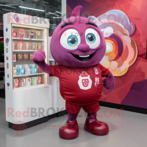 Maroon Plum mascot costume character dressed with a Graphic Tee and Brooches