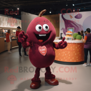 Maroon Plum mascot costume character dressed with a Graphic Tee and Brooches