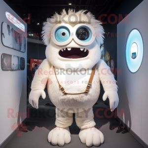 White Cyclops mascot costume character dressed with a Playsuit and Backpacks