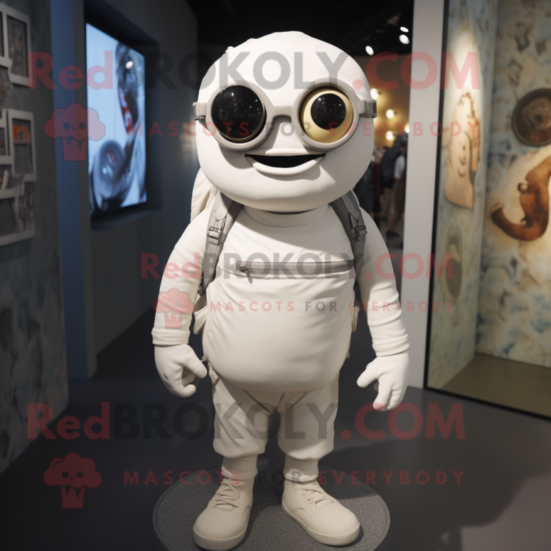 White Cyclops mascot costume character dressed with a Playsuit and Backpacks