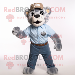 Silver Smilodon mascot costume character dressed with a Chambray Shirt and Caps