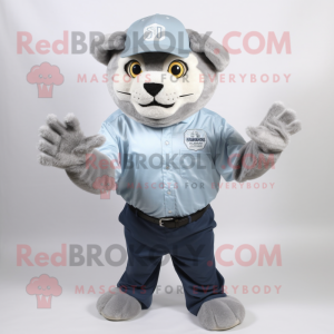 Silver Smilodon mascot costume character dressed with a Chambray Shirt and Caps