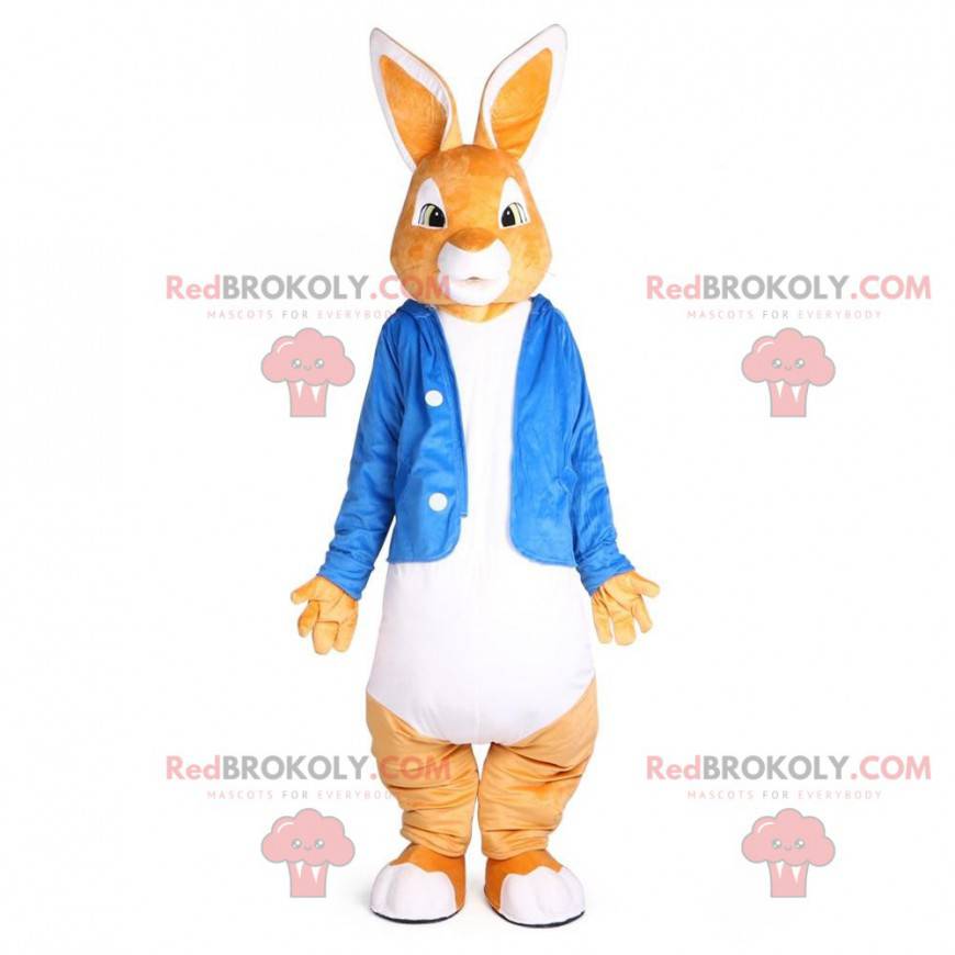 Mascotte de lapin orange et blanc avec une veste bleue -