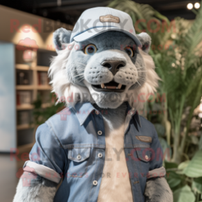 Silver Smilodon mascot costume character dressed with a Chambray Shirt and Caps