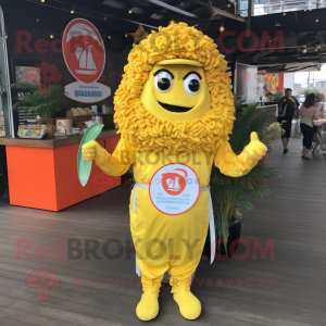 Lemon Yellow Pad Thai mascot costume character dressed with a Jumpsuit and Lapel pins