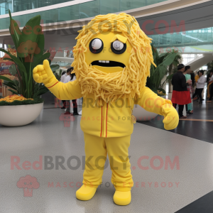 Lemon Yellow Pad Thai mascot costume character dressed with a Jumpsuit and Lapel pins