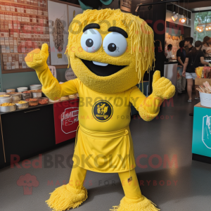 Lemon Yellow Pad Thai mascot costume character dressed with a Jumpsuit and Lapel pins