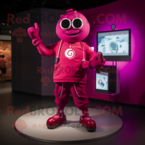 Magenta Phone mascot costume character dressed with a T-Shirt and Smartwatches