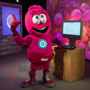 Magenta Phone mascot costume character dressed with a T-Shirt and Smartwatches