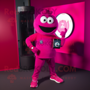 Magenta Phone mascot costume character dressed with a T-Shirt and Smartwatches