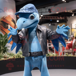 Sky Blue Pterodactyl mascot costume character dressed with a Leather Jacket and Hats