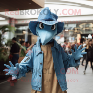 Sky Blue Pterodactyl mascot costume character dressed with a Leather Jacket and Hats