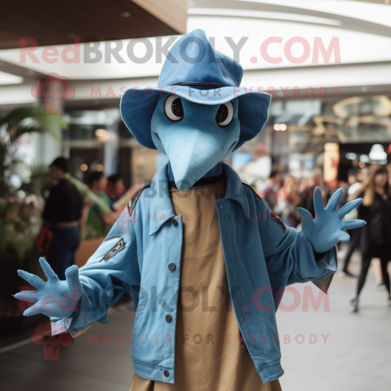 Sky Blue Pterodactyl mascot costume character dressed with a Leather Jacket and Hats Sky Blue Pterodactyl mascot costume character dressed with a Leather Jacket and Hats