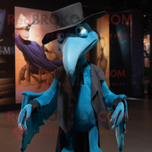 Sky Blue Pterodactyl mascot costume character dressed with a Leather Jacket and Hats