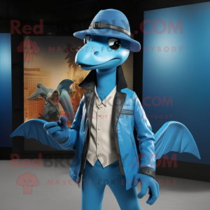 Sky Blue Pterodactyl mascot costume character dressed with a Leather Jacket and Hats