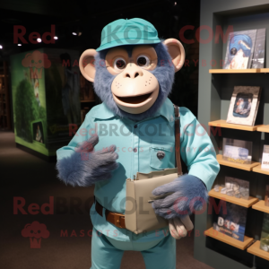 Cyan Chimpanzee mascot costume character dressed with a Henley Shirt and Wallets