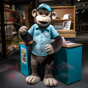 Cyan Chimpanzee mascot costume character dressed with a Henley Shirt and Wallets