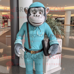 Cyan Chimpanzee mascot costume character dressed with a Henley Shirt and Wallets
