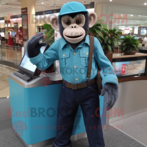 Cyan Chimpanzee mascot costume character dressed with a Henley Shirt and Wallets
