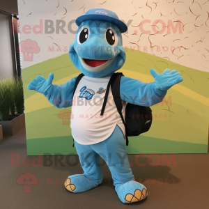 Sky Blue Anaconda mascot costume character dressed with a Poplin Shirt and Backpacks