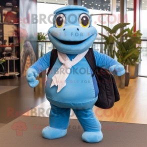 Sky Blue Anaconda mascot costume character dressed with a Poplin Shirt and Backpacks