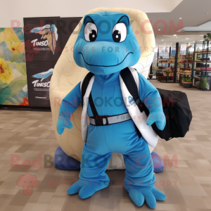 Sky Blue Anaconda mascot costume character dressed with a Poplin Shirt and Backpacks