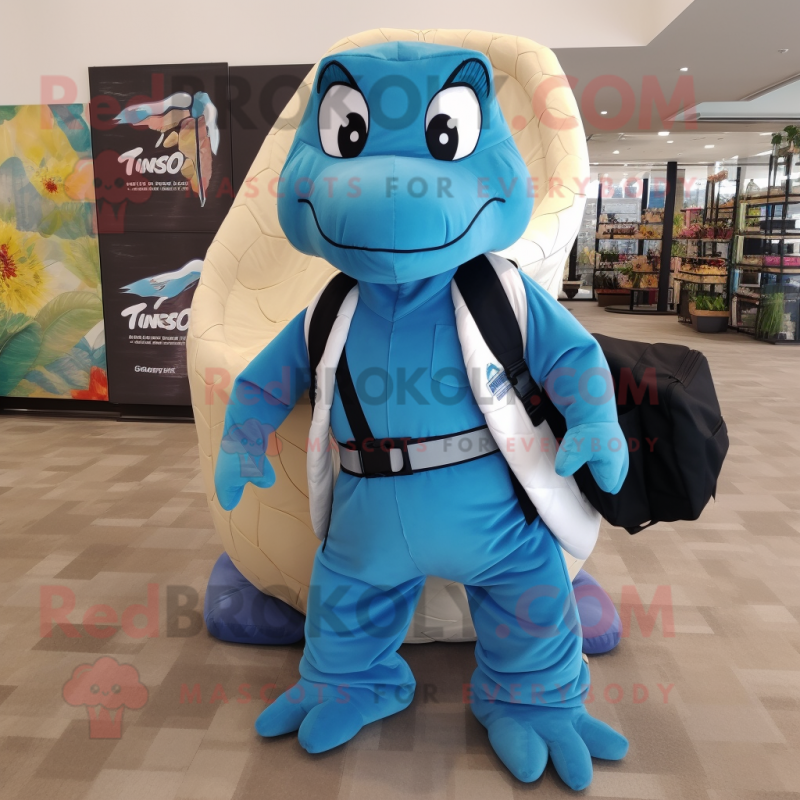 Sky Blue Anaconda mascot costume character dressed with a Poplin Shirt and Backpacks Sky Blue Anaconda mascot costume character dressed with a Poplin Shirt and Backpacks