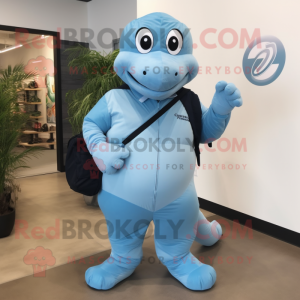 Sky Blue Anaconda mascot costume character dressed with a Poplin Shirt and Backpacks