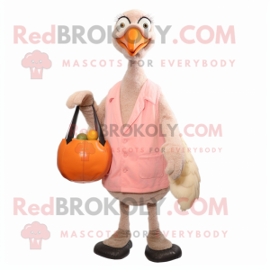 Peach Ostrich mascot costume character dressed with a Henley Shirt and Clutch bags