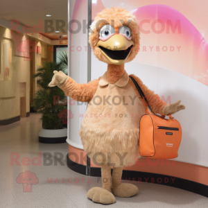 Peach Ostrich mascot costume character dressed with a Henley Shirt and Clutch bags