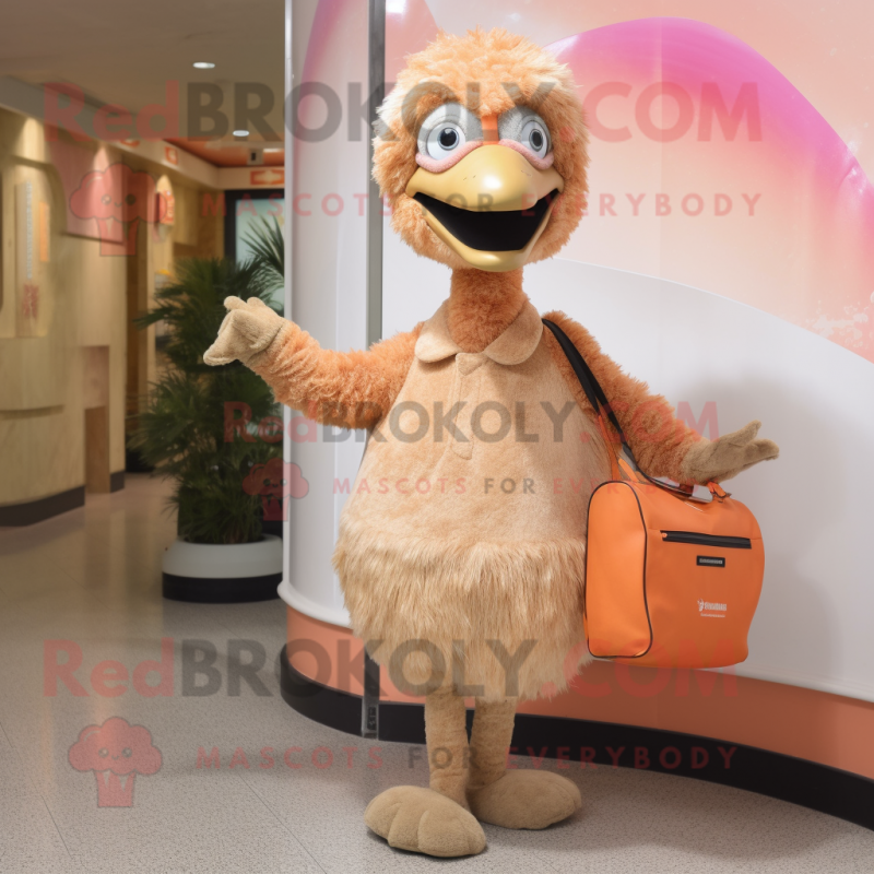 Peach Ostrich mascot costume character dressed with a Henley Shirt and Clutch bags Peach Ostrich mascot costume character dressed with a Henley Shirt and Clutch bags