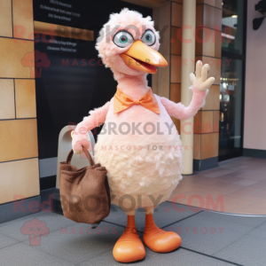 Peach Ostrich mascot costume character dressed with a Henley Shirt and Clutch bags
