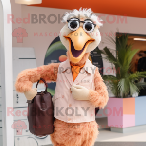Peach Ostrich mascot costume character dressed with a Henley Shirt and Clutch bags