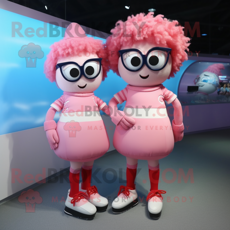 Pink Pair Of Ice Skates mascot costume character dressed with a Skirt and Eyeglasses Pink Pair Of Ice Skates mascot costume character dressed with a Skirt and Eyeglasses